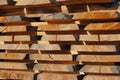 Large wooden planks stacked in racks for drying under the open sky in an industrial area. Timing of wood for carpentry. Manufactur Royalty Free Stock Photo