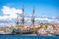 Large wooden sailboat in DonsÃÂ¶ island harbor, Gothenburg archipelago scenic view Royalty Free Stock Photo