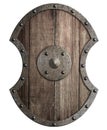 Large wooden shield with metal frame isolated 3d illustration