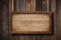 Large wooden sign hanging on ropes with wood planks background