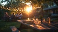 Large wooden tables in outdoor terrace with appetizers and glasses of wine. Cozy summer garden, family dinner in open Royalty Free Stock Photo