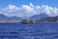 Large wooden vintage galleon on the background of Alanya Turkey among the mountains - view from the Mediterranean Sea. Pirate