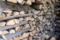 A large woodpile of wood was collected in the village to heat the house in winter