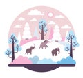 Large woolly mammoth walking on an ice floe- vector illustration with hill, trees in the snow and three prehistoric