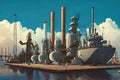 large working harbor at oil refinery complex against backdrop of clear sky Royalty Free Stock Photo