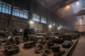 Large workshop interior for metalworking of finished cast metal products at metallurgical plant of heavy industry