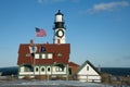 Large Wreath Displays on Oldest Lighthouse in Maine During Holiday Season Royalty Free Stock Photo