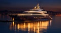 a large yacht floating at night