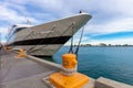 Large yacht tied to the dock on the shore of Lake Michigan Royalty Free Stock Photo