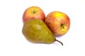 A large yellow brown pear and two ripe ruddy red-yellow apple isolated on white background Royalty Free Stock Photo