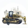 A large yellow bulldozer sitting on top of a snow covered ground. Generative AI image.