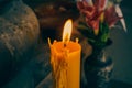 Large Candle and Fire With Flower Background in Vintage Tone