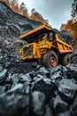 Large yellow coal mining truck in open pit quarry for extractive industry operations Royalty Free Stock Photo