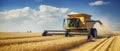 Large Yellow Combine Harvesting Wheat in Field