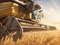 Large Yellow Combine in Wheat Field. Generative AI.