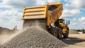 A large yellow dump truck is unloading a heap of gravel on a construction site Royalty Free Stock Photo