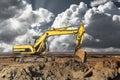 A large yellow excavator moving stone or soil in a quarry. Heavy construction hydraulic equipment. Excavation