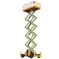 Large yellow extended scissor lift platform on white. 3D illustration