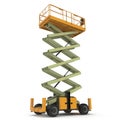 Large yellow extended scissor lift platform on white. 3D illustration