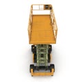 Large yellow extended scissor lift platform on white. Front view. 3D illustration