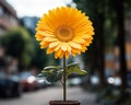 a large yellow flower in a pot on a street