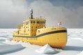large yellow icebreaker boat goes along snow-covered lake