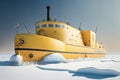 large yellow icebreaker boat goes along snow-covered lake