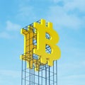 Large yellow signboard on metal frame with logotype of bitcoin