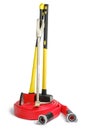 Yellow sledgehammer, axe, hooligan bar on red fire hose from fireman`s toolbox