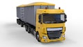 Large yellow truck with separate trailer, for transportation of agricultural and building bulk materials and products. 3d renderin