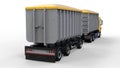 Large yellow truck with separate trailer, for transportation of agricultural and building bulk materials and products. 3d renderin