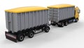 Large yellow truck with separate trailer, for transportation of agricultural and building bulk materials and products. 3d renderin