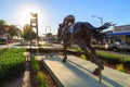 Statue of a horse and jockey in Matamata, New Zealand