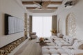 A larger window covered with white and gray curtains, a sophisticated living room