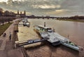 Vintage steamboats on the pier. Old Dresden. River Elbe. Saxony. Germany