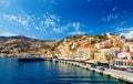 Largest ship in port of Symi. pictorial Greece series- island, Dodecanes Royalty Free Stock Photo