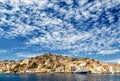 Largest ship in port of Symi. pictorial Greece series- island, Dodecanes Royalty Free Stock Photo