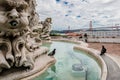 Largo das Necessidades, Lisbon, Portugal - View of Cristo Rei and 25 de Abril Bridge along the fountain and decorative sculptures