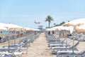 Larnaca, Cyprus - April 16, 2022: View of Mackenzie beach and landing Easy Jet Airplane