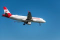 Larnaca, Cyprus - July 17, 2022: Airbus A320 of Austrian airlines landing at Glafcos Clerides airport