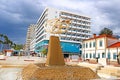 Golden flying seagull bird sculpture on the Larnaca beach in Cyprus