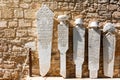 LARNACA, CYPRUS, MARCH, 2019: Tombstones of Turkish commanders in the fort of Larnaca. Some unknown writings on white stones. Old