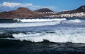 Las Palmas - November 30: Powerful waves are breaking along Las Canteras town beach, brought by a winter storm Clement