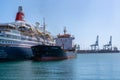 Las Palmas Oct 11, 2019: The Boudicca cruise ship docked at the port of Las Palmas de Gran Canaria in a refueling maneuver with Royalty Free Stock Photo