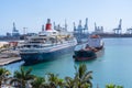 Las Palmas Oct 11, 2019: The Boudicca cruise ship docked at the port of Las Palmas de Gran Canaria in a refueling maneuver with Royalty Free Stock Photo