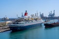 Las Palmas Oct 11, 2019: The Boudicca cruise ship docked at the port of Las Palmas de Gran Canaria in a refueling maneuver with Royalty Free Stock Photo