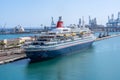 Las Palmas Oct 11, 2019: The Boudicca cruise ship docked at the port of Las Palmas de Gran Canaria in a refueling maneuver with Royalty Free Stock Photo