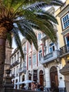 Las Palmas, Spain - Feb 22, 2023: Small pedestrian cobblestone street in Vegueta. Las Palmas, Gran Canaria, Spain