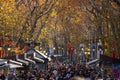 Las Ramblas de Catalunya full of people, tourists, shoppers, kiosks and classic lampposts on a sunny day with sunlight illuminated