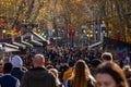 Las Ramblas de Catalunya full of people, tourists, shoppers, kiosks and classic lampposts on a sunny day with sunlight illuminated